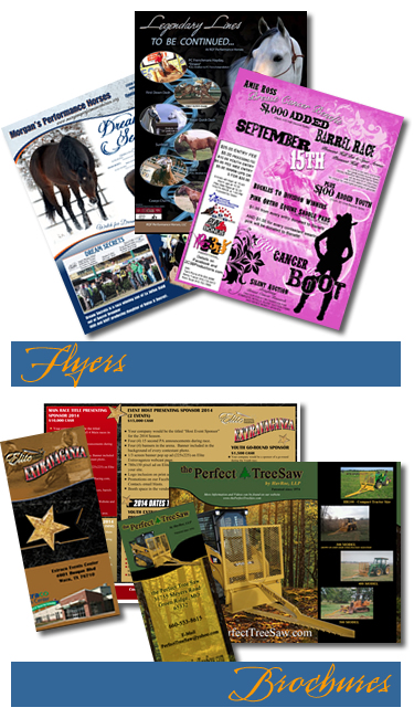 Composite of Kate Maloney's print work — stallion flyers, barrel race promotions, event programs, and brochures.