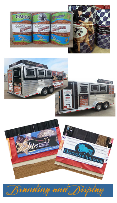 Composite of Kate Maloney's branding and display work — barrel wraps, trailer wraps, and trade-show banners.